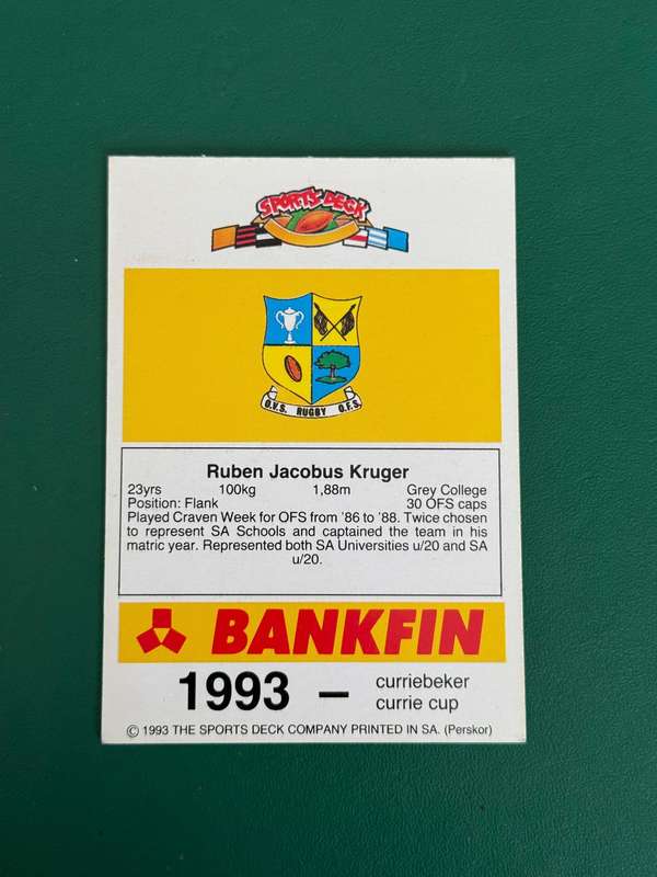 Rugby Card - Ruben Kruger 1993 Sports Deck Rugby Card