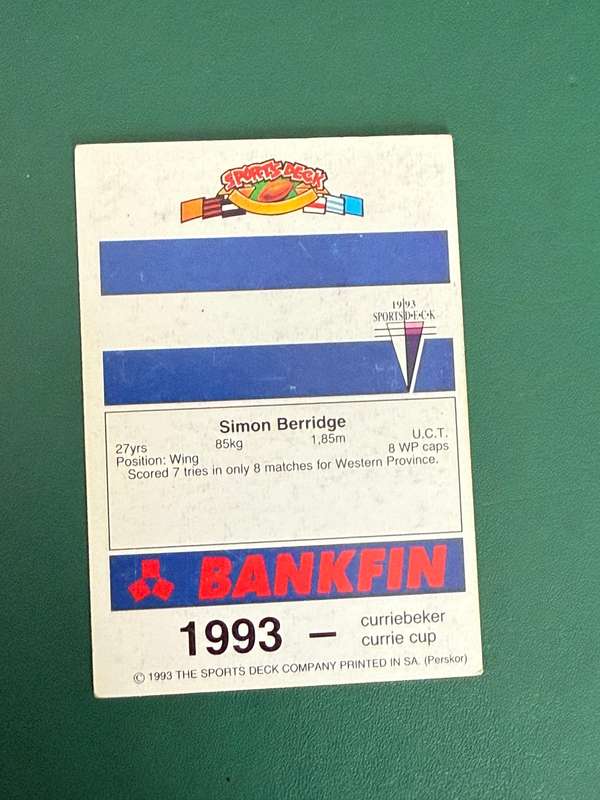 Rugby Card - Simon Berridge 1993 Sports Deck Rugby Card