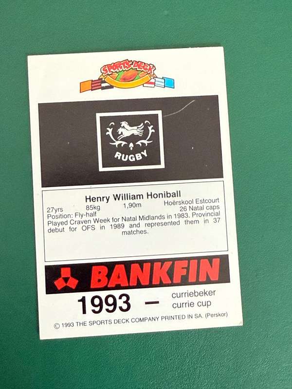 Rugby Card - Henry Honiball 1993 Sports Deck Rugby Card
