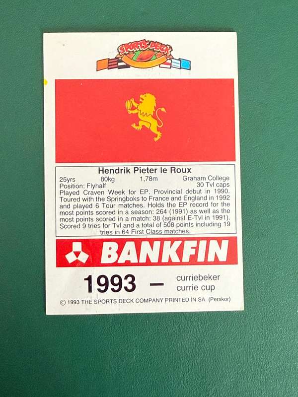 Rugby Card - Hennie le Roux 1993 Sports Deck Rugby Card