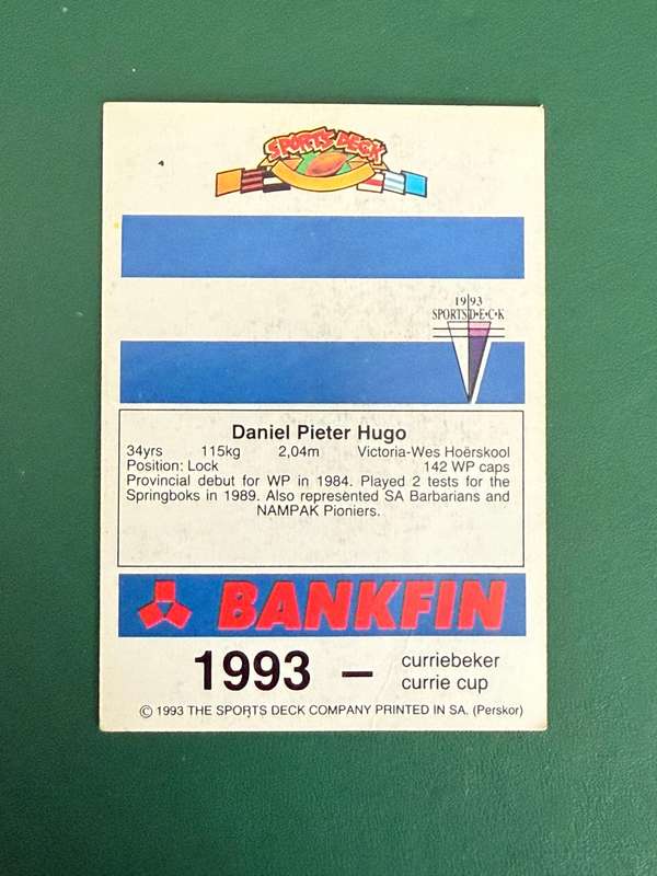 Rugby Card - Niel Hugo 1993 Sports Deck Rugby Card