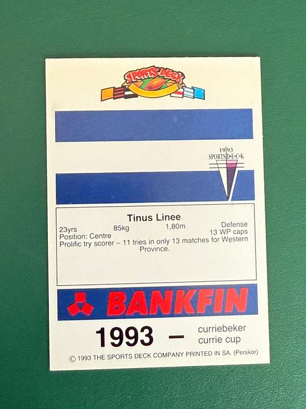 Rugby Card - Tinus Linee 1993 Sports Deck Rugby Card