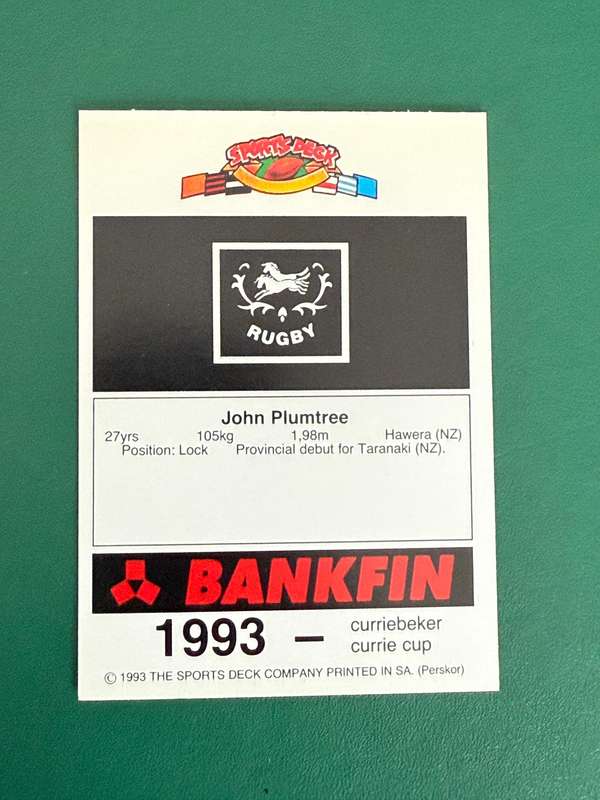 Rugby Card - John Plumtree 1993 Sports Deck Rugby Card