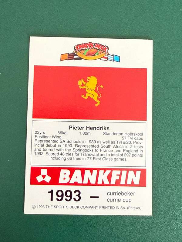 Rugby Card - Pieter Hendriks 1993 Sports Deck Rugby Card