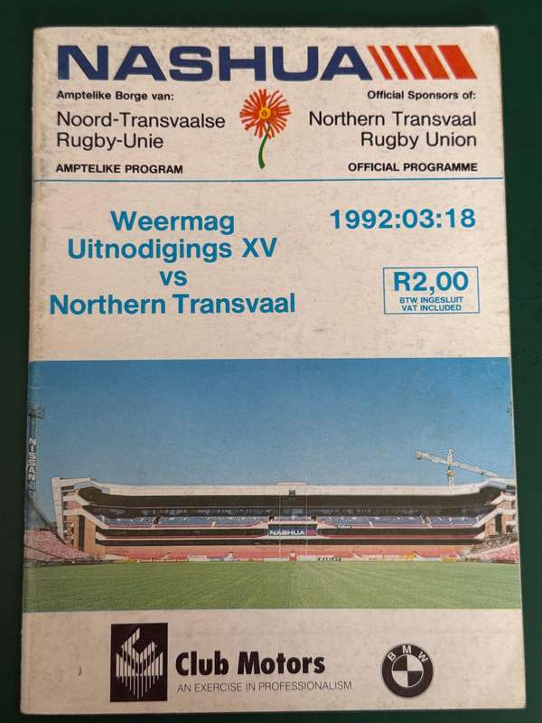 Rugby Programme - Weermag Uitnodiging XV vs Northern-Transvaal 18/03/1992