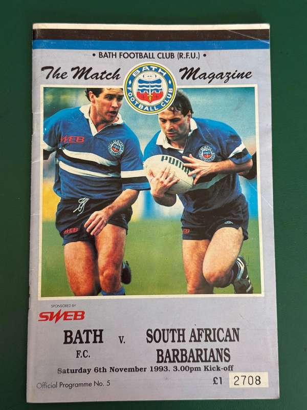 Rugby Programme - Bath vs South-African Barbarians 0/6/11/1993