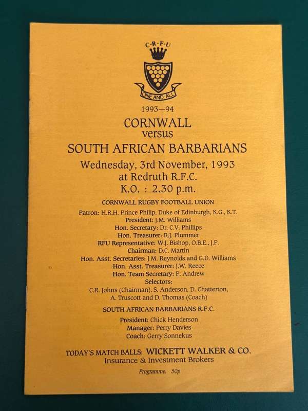 Rugby Programme - Cornwall vs South-African Barbarians 03/11/1993