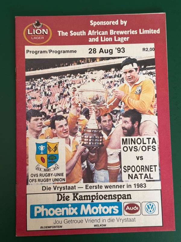 Rugby Programme - Free State vs Natal 28/08/1993