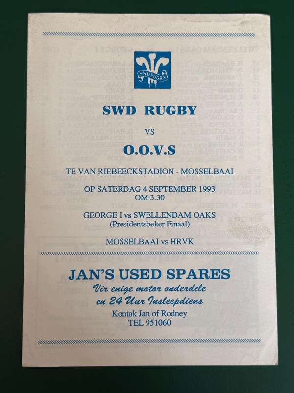 Rugby Programme - South-Western Districts vs Eastern Free State 04/09/1993