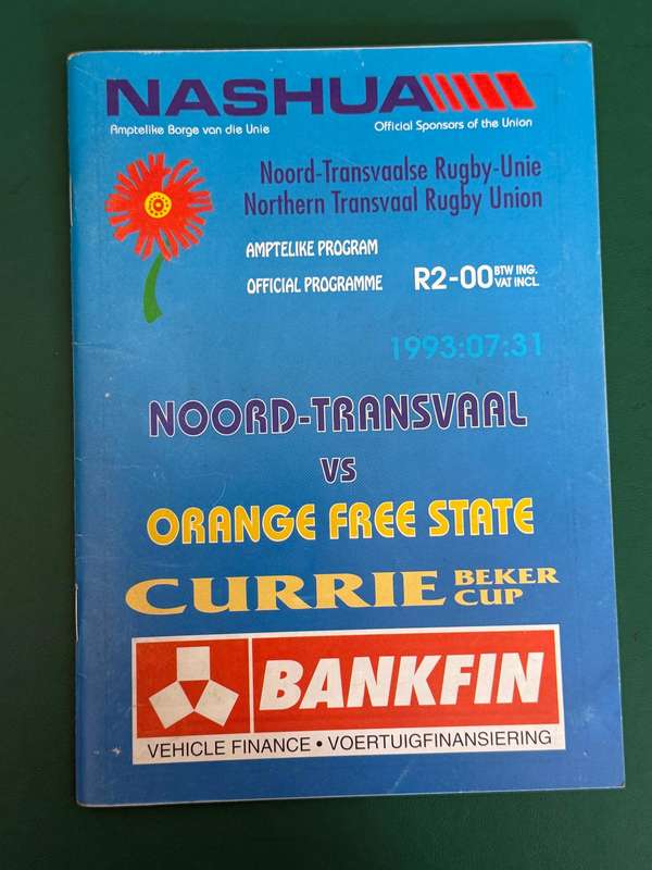 Rugby Programme - Northern-Transvaal vs Free State 31/07/1993