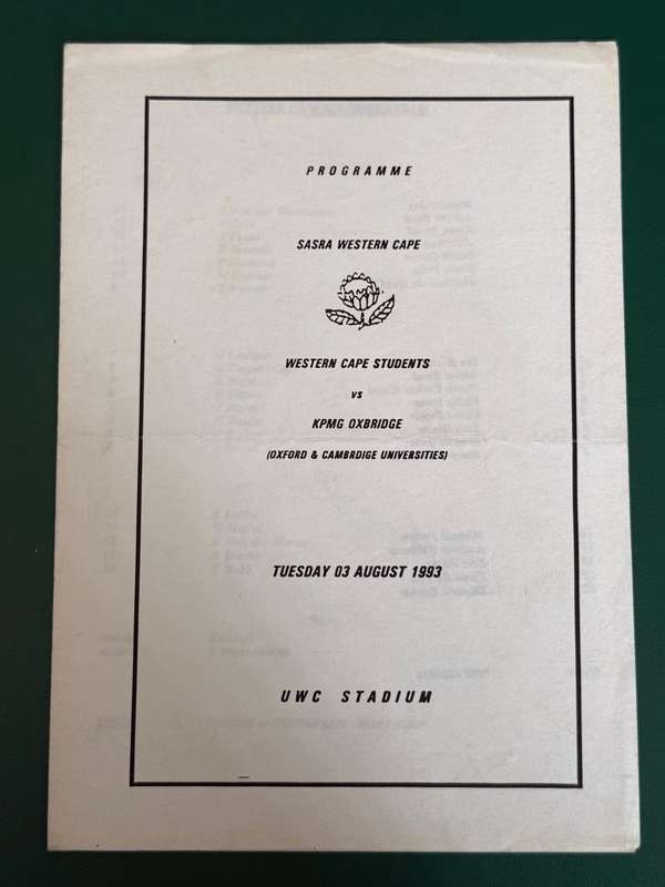 Rugby Programme - Western Cape Students vs KPMG Oxbridge 03/08/1993