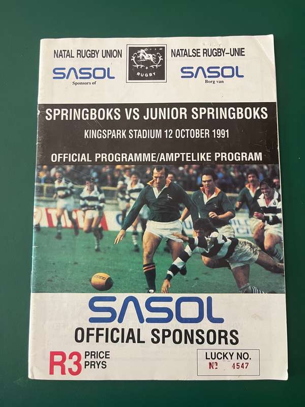 Rugby Programme - Springboks vs Junior Springboks 12/10/1991