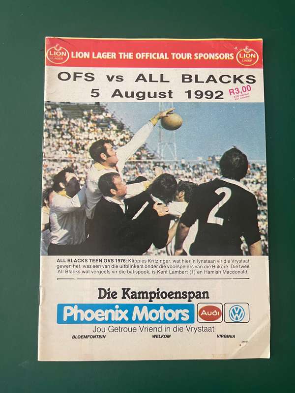 Rugby Programme - *Tour match* Free State vs All Blacks 05/08/1992