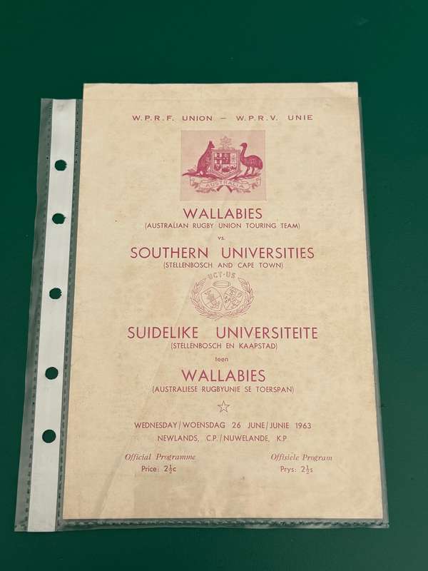 Rugby Programme - Southern-Universities vs Wallabies 26/06/1963 (Newlands)