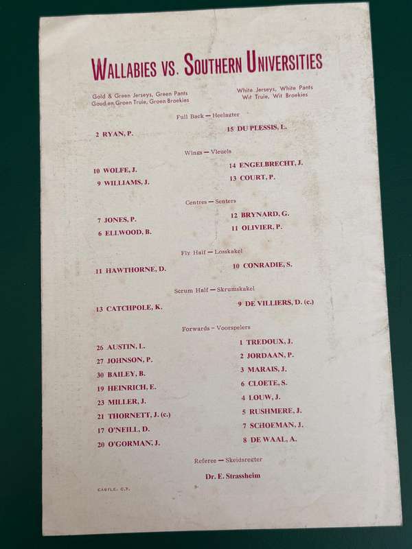 Rugby Programme - Southern-Universities vs Wallabies 26/06/1963 (Newlands)