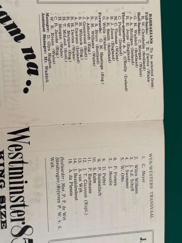 Rugby Programme - Barbarians vs Western-Transvaal 14/05/1958