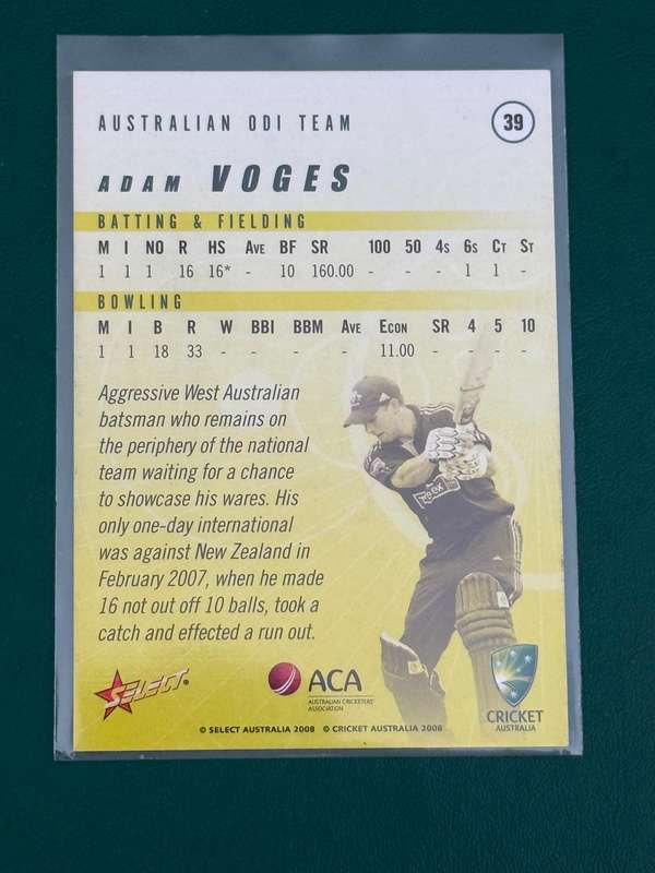 Cricket Card - *SIGNED* Adam Voges 2008 Select Cricket Card (Nr39)