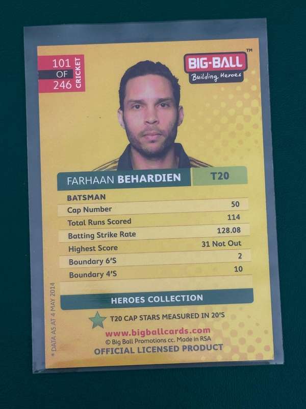 Cricket Card - *SIGNED*  Farhaan Behardien Big Ball Cricket Card (N101)