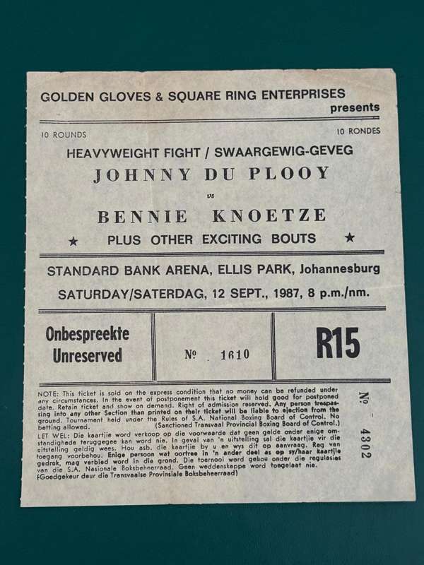 Boxing Ticket - Johnny du Plooy vs Bennie Knoetze 12/09/1987