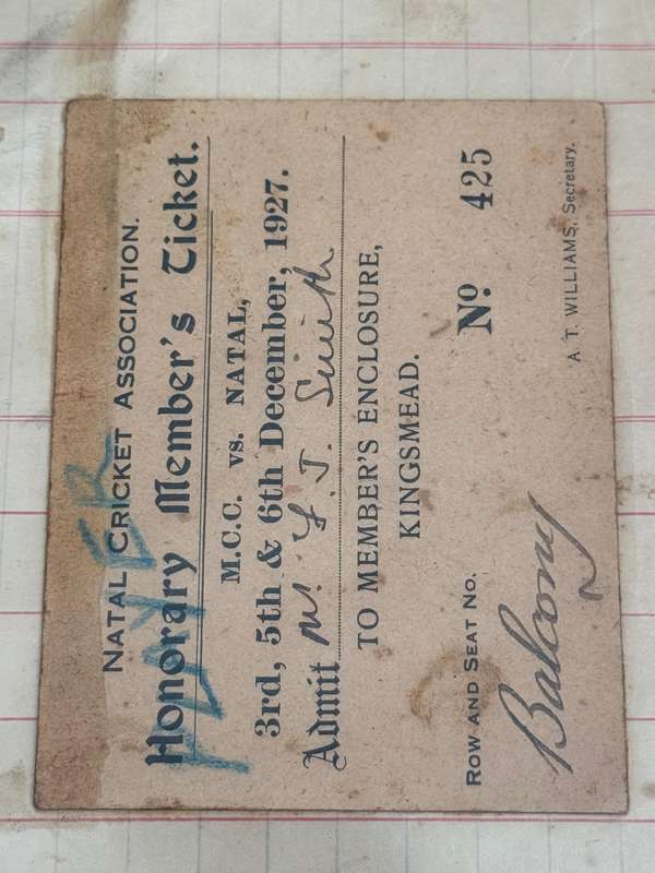 Cricket Ticket - *TOUR Match* England vs Natal 3/5 and 6 December 1927