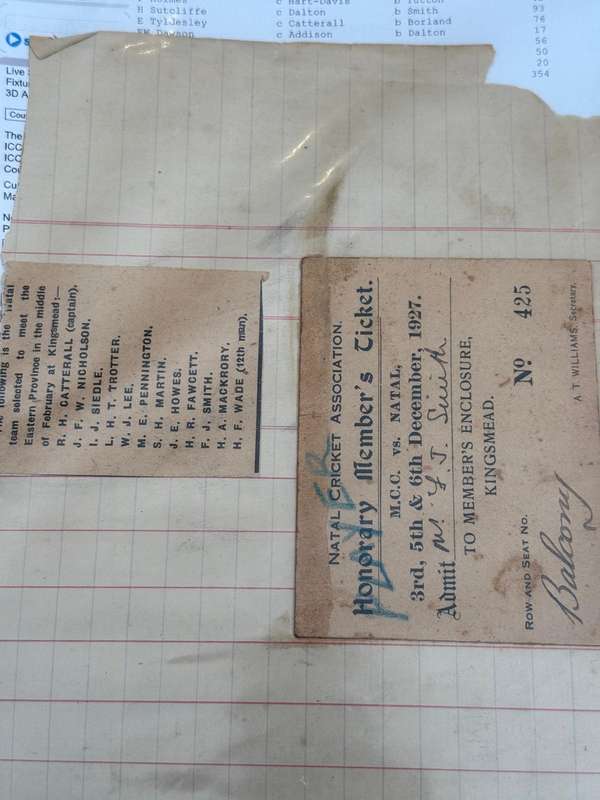 Cricket Ticket - *TOUR Match* England vs Natal 3/5 and 6 December 1927