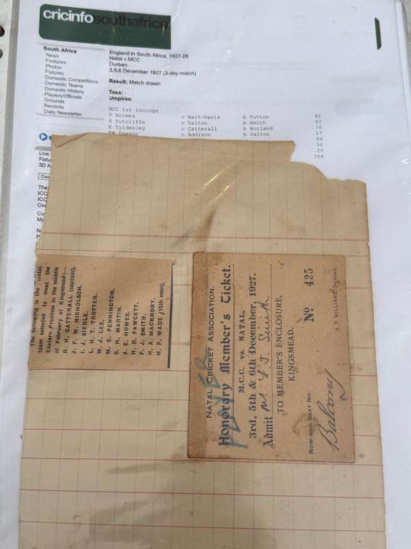 Cricket Ticket - *TOUR Match* England vs Natal 3/5 and 6 December 1927