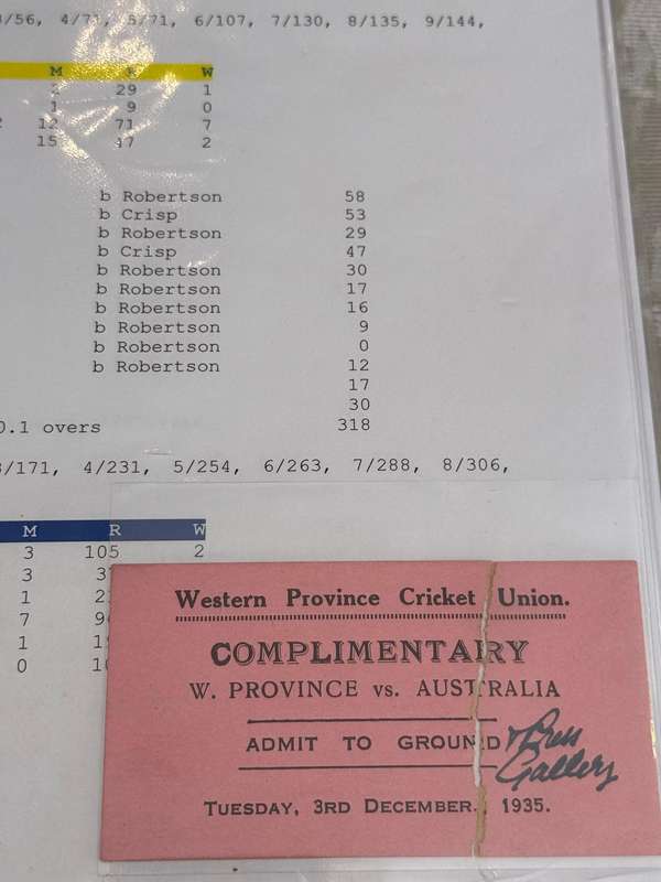 Cricket Ticket - *TOUR Match* Western-Province vs Australia 3/12/1935 (Newlands)