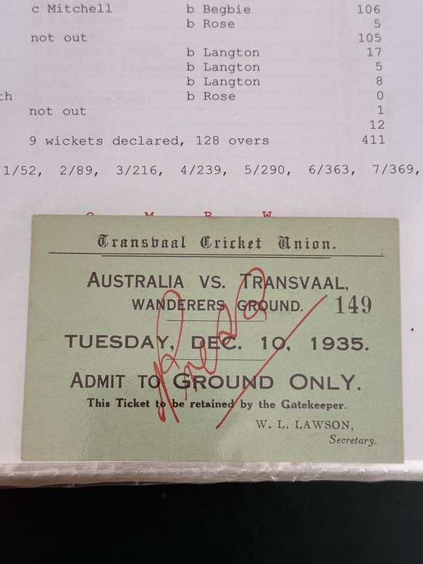 Cricket Ticket - *Tour match* Transvaal vs Australia 7/9/10 December 1935 (Wanderers)