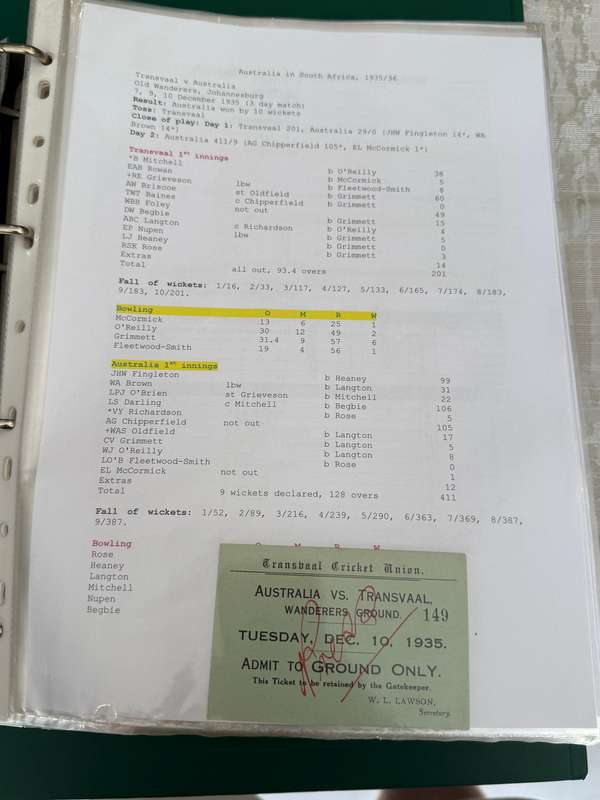 Cricket Ticket - *Tour match* Transvaal vs Australia 7/9/10 December 1935 (Wanderers)