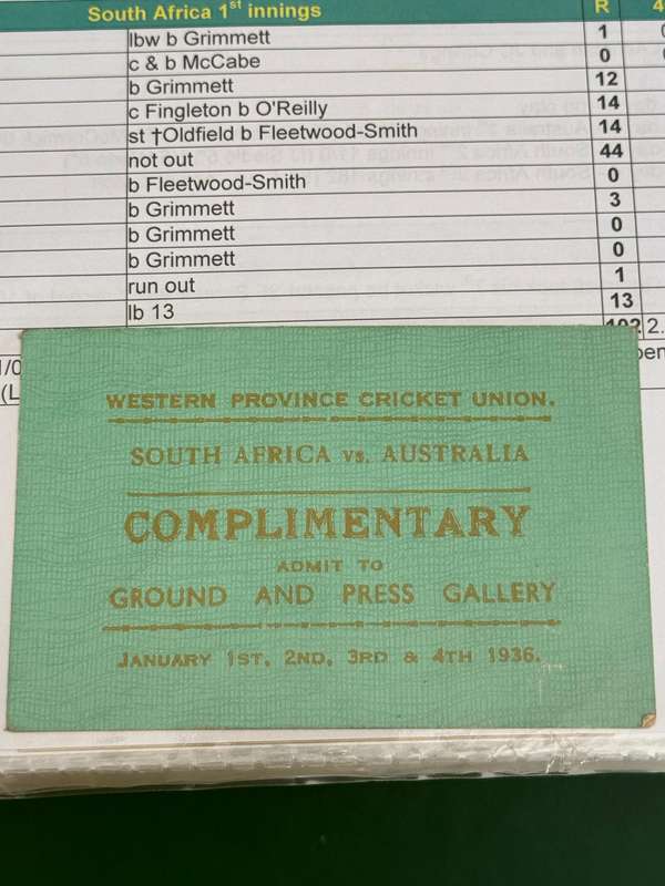 Cricket Ticket - *TOUR Match* South-Africa vs Australia 1/2/3/4 January 1936 (Newlands)