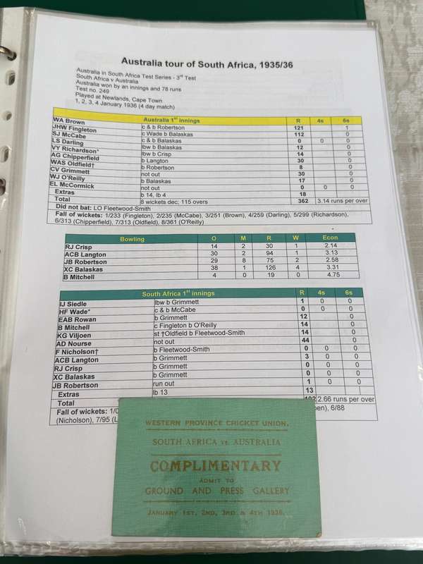 Cricket Ticket - *TOUR Match* South-Africa vs Australia 1/2/3/4 January 1936 (Newlands)