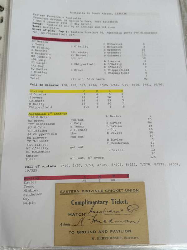 Cricket Ticket - *Tour match* South-Africa vs Australia 7/8 January 1936 (St Georges Park)