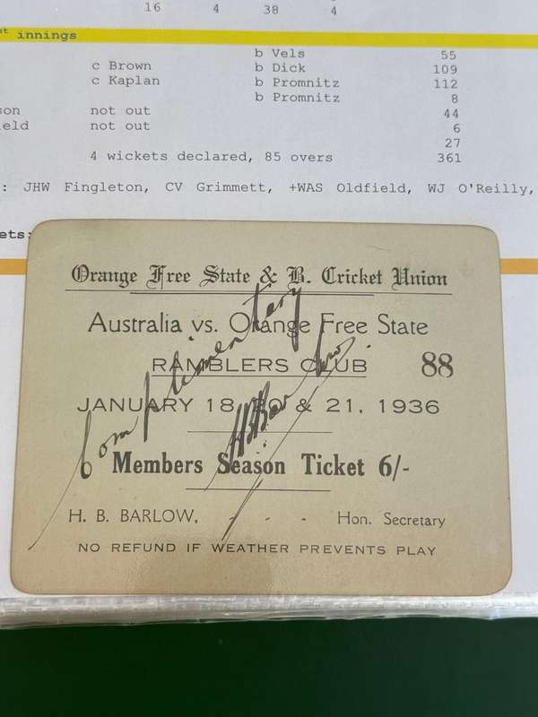 Cricket Ticket - *Tour match* Orange Free State vs Australia 18/19/20 January 1936 (Bloemfontein)