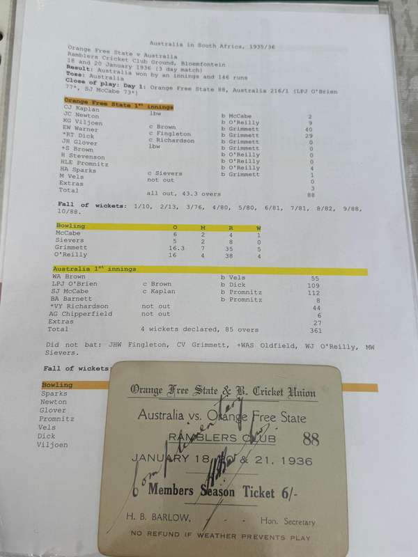 Cricket Ticket - *Tour match* Orange Free State vs Australia 18/19/20 January 1936 (Bloemfontein)