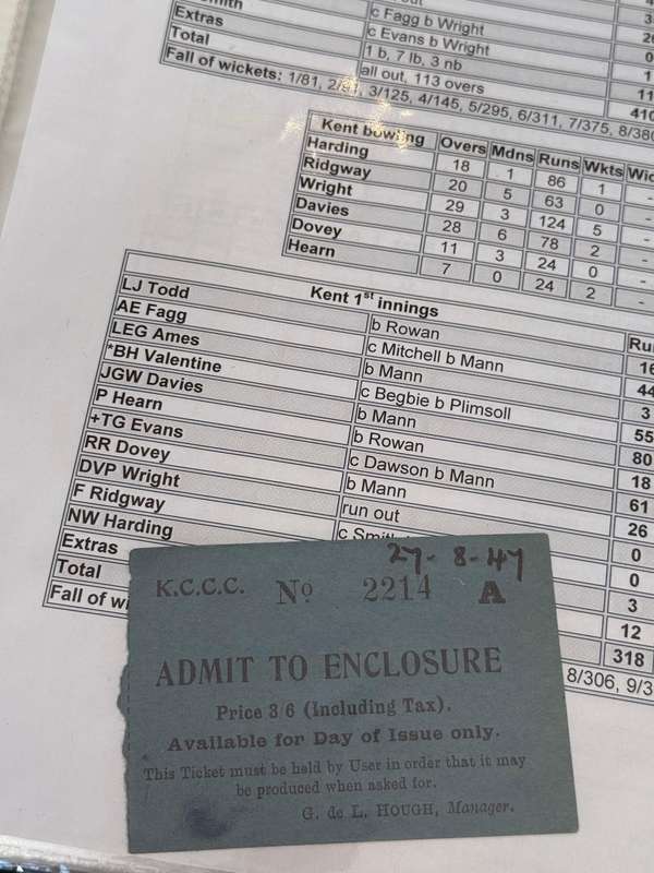 Cricket Ticket - *Tour match* Kent vs South-Africa 27/28/29 August 1947