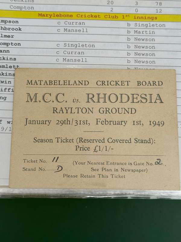 Cricket Ticket - *Tour match* England vs Rhodesia 29/30/31 January 1949