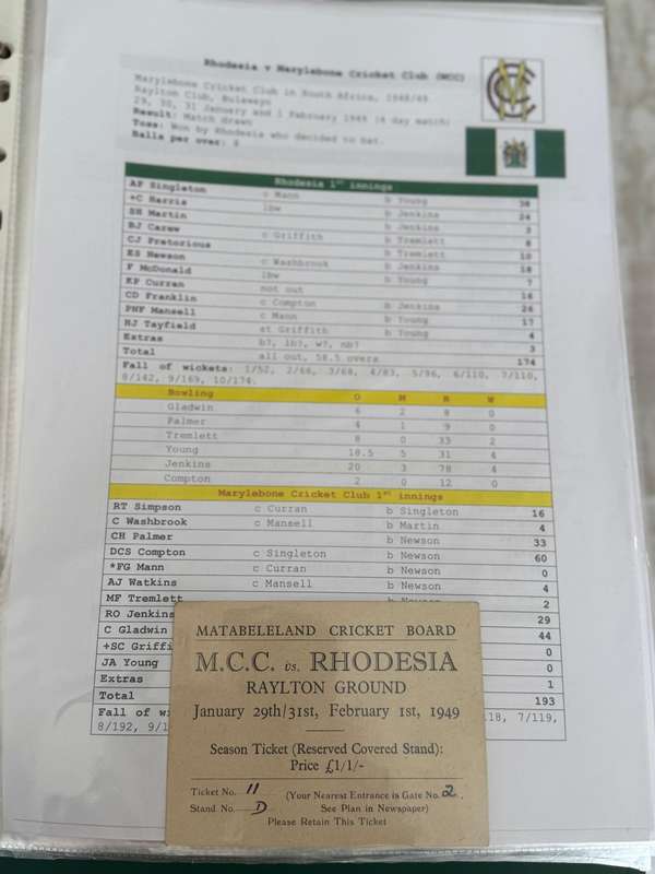 Cricket Ticket - *Tour match* England vs Rhodesia 29/30/31 January 1949