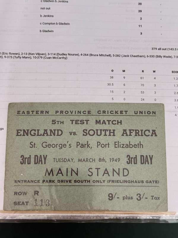 Cricket Ticket - *Tour match* England vs South-Africa 08/03/1949 (St Georges Park)
