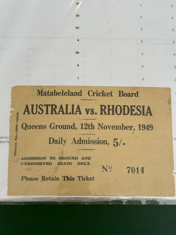 Cricket Ticket - *Tour match* Rhodesia vs Australia 12/11/1949