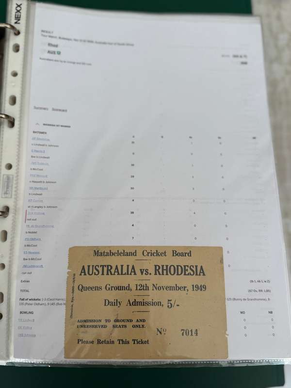 Cricket Ticket - *Tour match* Rhodesia vs Australia 12/11/1949