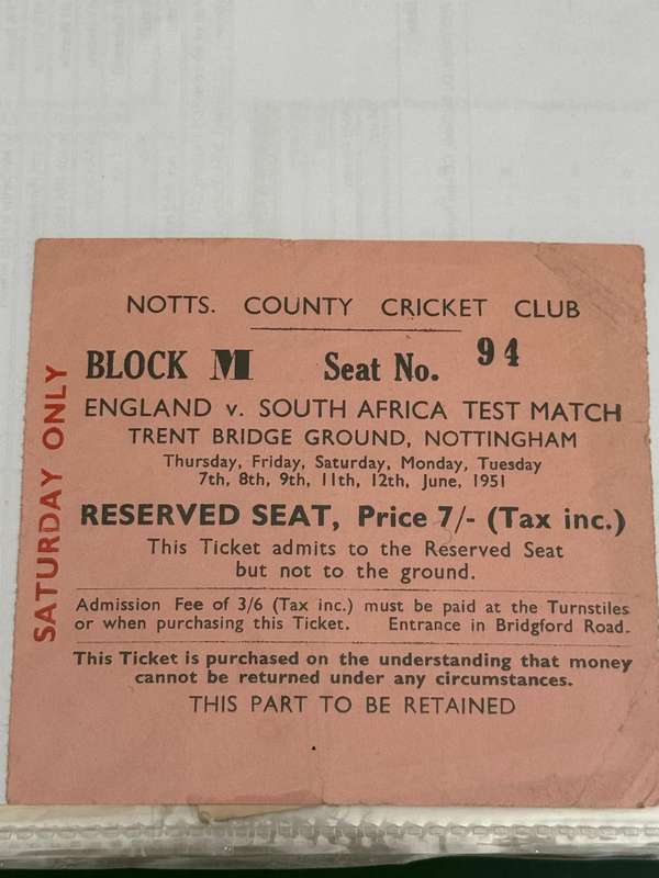 Cricket Ticket - *Tour match* England vs South-Africa 7/8/9/11/12 June 1951