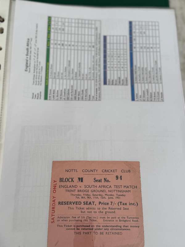 Cricket Ticket - *Tour match* England vs South-Africa 7/8/9/11/12 June 1951