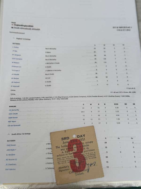 Cricket Ticket - *Tour match* England vs South-Africa 21/22/23 June 1951