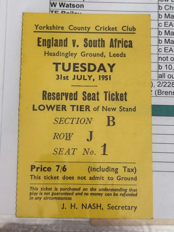 Cricket Ticket - *Tour match* England vs South-Africa 26-31 July 1951