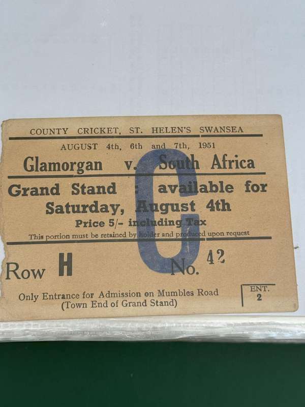Cricket Ticket - *Tour match* Glamorgan vs South-Africa 4/6/7 August 1951