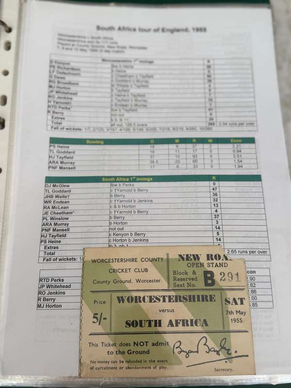 Cricket Ticket - *Tour match* Worcestershire vs South-Africa 7/9 and 10 May 1955
