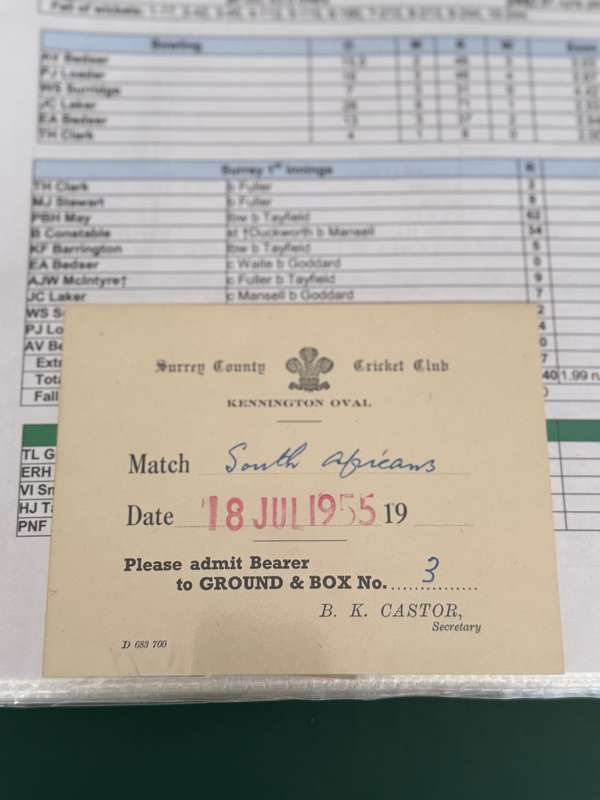 Cricket Ticket - *Tour match* Surrey vs South-Africa 16/18/19 July 1955