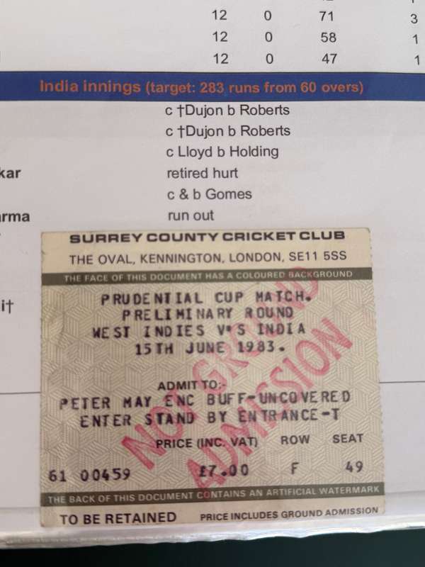 Cricket Ticket - *1983 Cricket World Cup* India vs West-Indies 16/06/1983