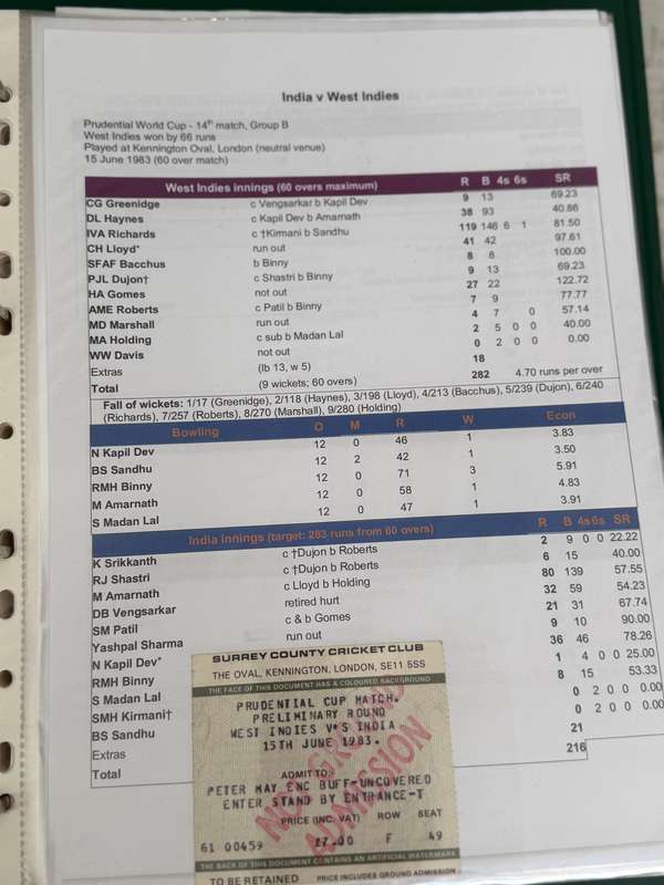 Cricket Ticket - *1983 Cricket World Cup* India vs West-Indies 16/06/1983