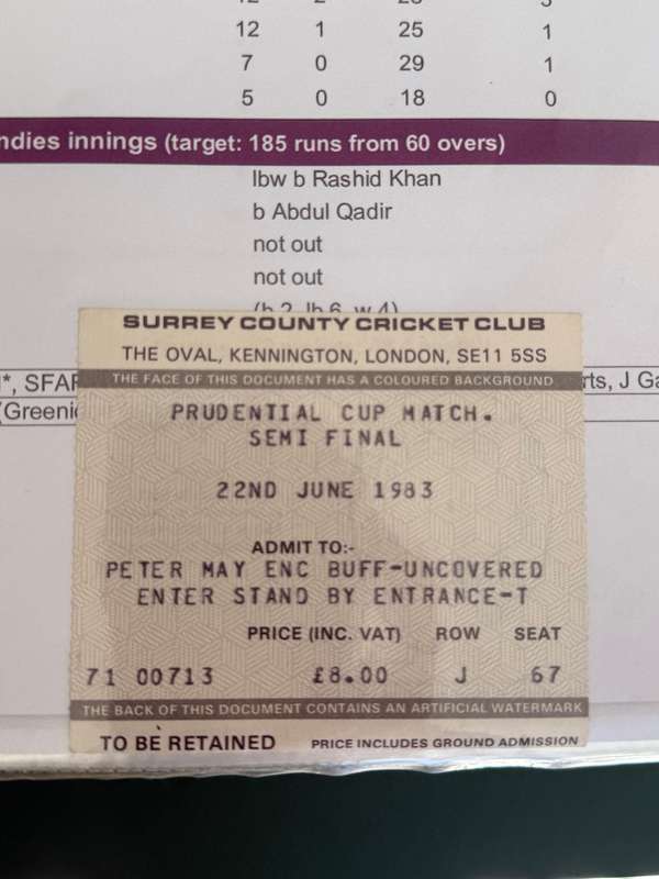 Cricket Ticket - *1983 Cricket World Cup SF* Pakistan vs West-Indies 22/06/1983 (Kensington Oval)